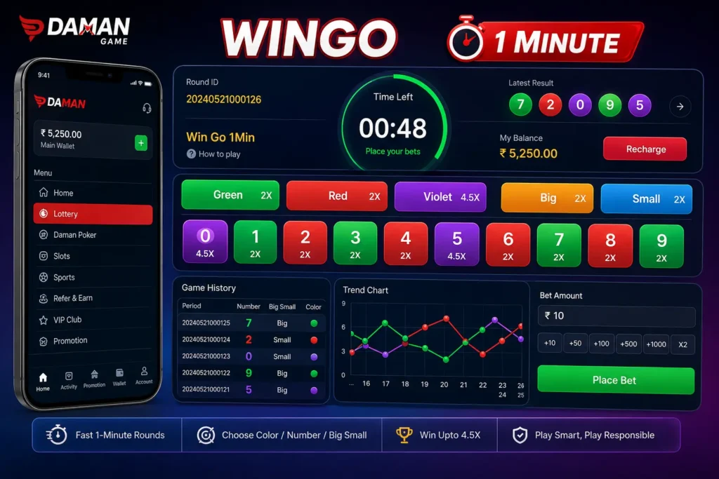 Daman Login Wingo 1-Minute game interface showing color, number, Big and Small options